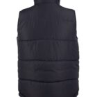 Black puffer vest shown from the back, featuring horizontal stitching and a high collar.