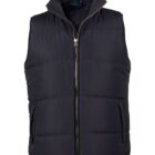 Black puffer vest with front zipper and side pockets, displayed on a plain white background.