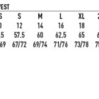 Size chart for unisex heavy quilted vest with icons for water repellency and wind protection.