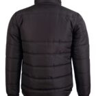 Black puffer jacket viewed from the back, featuring a high collar and horizontal stitching.