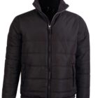 Black puffer jacket with front zipper and two side pockets, displayed on a white background.