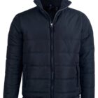 A black puffer jacket with a zipper front and side pockets.