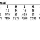 Sizing chart for unisex heavy quilted jacket with fit, measurements, and feature icons.