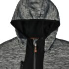 Gray zip-up hoodie with black lining and heathered fabric pattern, shown from the front.