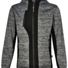 Gray and black zip-up hooded jacket with long sleeves and side pockets.