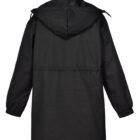 Black hooded long raincoat with elastic cuffs, viewed from the back.