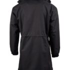 Black long-sleeve jacket with a high collar, shown from the back against a white background.