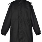 Long black coat with high collar, front pockets, and adjustable cuffs.
