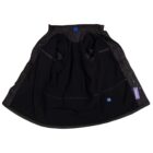 Black coat laid open, showing interior pockets and lining on a white background.