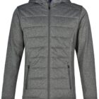 Gray zip-up hooded jacket with vertical side pockets and slight quilted pattern on front.