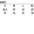 Size chart for mens cationic quilted jacket with chest, length, and feature icons.