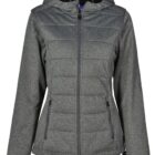 Gray hooded jacket with front zipper and two zippered side pockets, displayed on a white background.