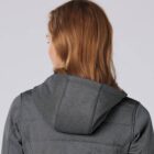 Woman with long brown hair wearing a gray hooded jacket, shown from the back.