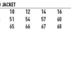 Size chart for ladies’ quilted jacket with fit, chest, length, and feature icons shown.