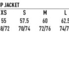 Sizing chart for JK53 unisex jacket; shows chest and back length for sizes XS to 3XL.