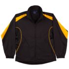 Black jacket with yellow accents on the shoulders and sides, laid flat on a white background.