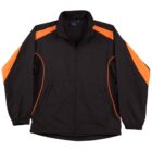 Black jacket with bright orange stripes on the shoulders and sides, front zipper closure.