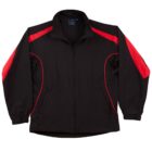 Black jacket with red accents on the shoulders and sleeves, front zipper, and side pockets.