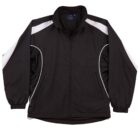 Black track jacket with white stripes on shoulders and sleeves, front zipper, and pockets.