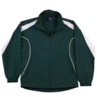 Dark green zip-up jacket with white stripes on the shoulders and sleeves, laid flat.