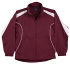 Maroon jacket with white stripes on the sleeves and piping along the pockets and shoulders.