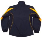 Back view of a navy jacket with yellow accents on sleeves and shoulders.