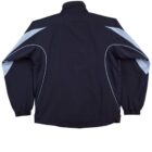 Black sports jacket with light blue and white accents, displayed flat from the back.