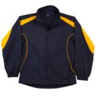 Black jacket with yellow accents on the shoulders and sleeves, front zipper, long sleeves.