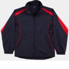 Black jacket with red stripes on the shoulders and sides, front zipper, long sleeves.