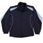 Black zip-up jacket with light gray accents on shoulders and sleeves, laid flat.