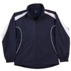 Navy blue jacket with white stripes on the shoulders and sleeves, front zipper, and pockets.