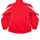 Red sports jacket with white accents, viewed from the back on a white background.