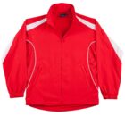 Red athletic jacket with white stripes on the sleeves and a front zipper.