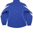 Blue jacket with white curved accents and long sleeves, shown from the back.