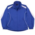 Blue athletic jacket with white accents on the sleeves and sides, laid flat.