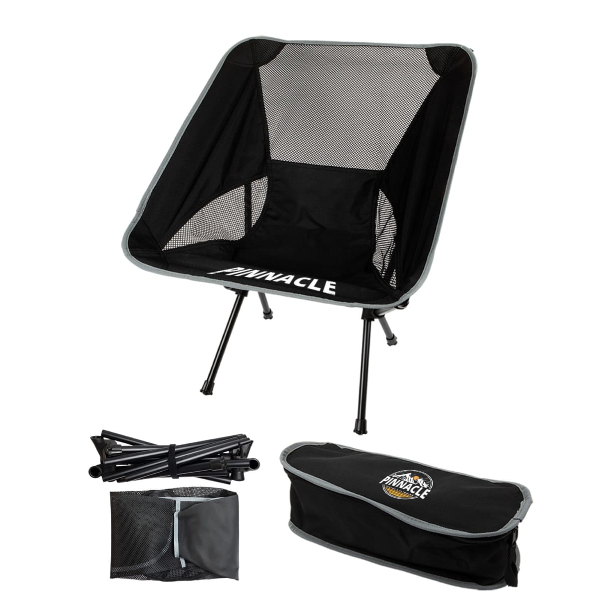 Black foldable camping chair with carrying bag and disassembled frame beside it.