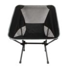 Black folding camp chair with mesh panels, viewed from the front against a white background.