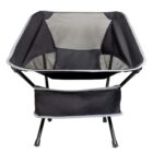 Black foldable camping chair with mesh seat and storage pocket, viewed from the front.