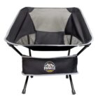 Black folding camping chair with mesh back and Pinnacle logo on front storage pocket.