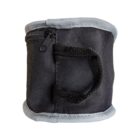 Black and gray fabric pouch with a zipper and handle, isolated on a white background.