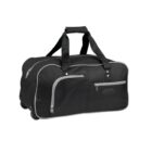 Black wheeled duffel bag with front zipper pockets and carrying handles on a white background.