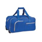 Blue duffel bag with wheels, zipper pockets, and two handles against a white background.