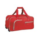 Red duffel bag with wheels, side pocket, and carrying handles on a white background.