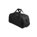 Black duffel bag with handles, side pocket, and zipper, placed on a white background.