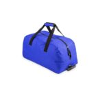 A blue duffel bag with black handles and a zipper, shown on a white background.