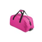 Bright pink duffel bag with black handles and a zipper, shown on a white background.