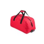 Red duffel bag with black handles and a zipper, shown on a white background.