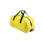 Yellow duffel bag with black handles and a zipper, isolated on a white background.