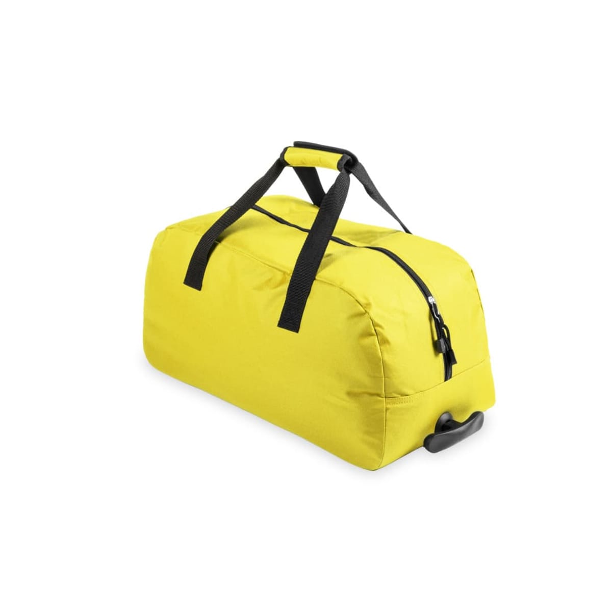 Yellow duffel bag with black handles and a zipper, isolated on a white background.
