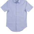 Light blue short-sleeve button-up shirt with a chest pocket, laid flat on a white background.